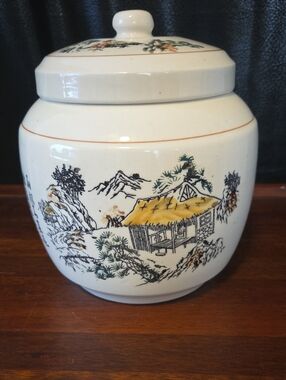 Vintage Hand Psintef Asian Gonget Jar From Mid 20th Century